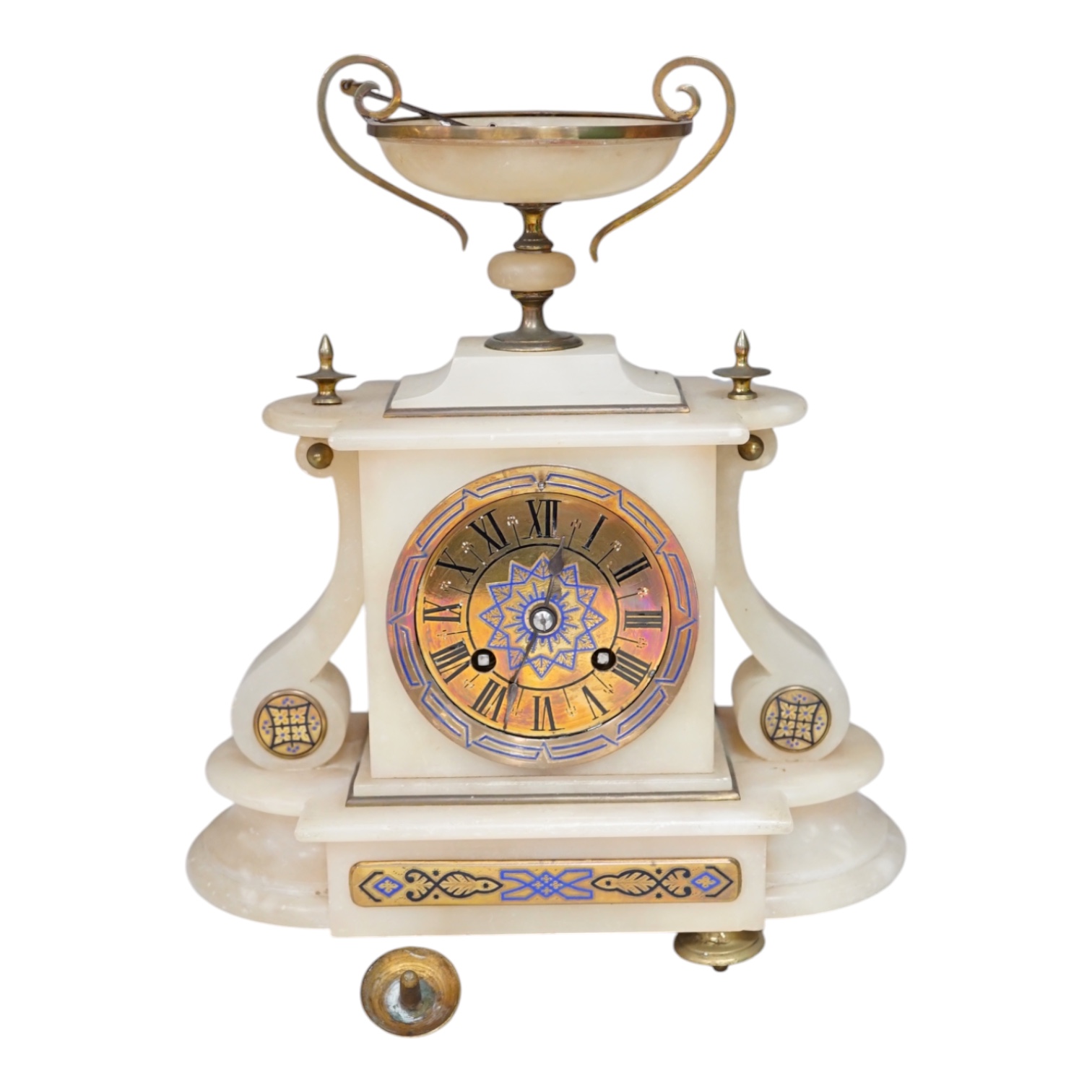 A Victorian alabaster mantel clock, striking on a bell, height 27cm. Condition - fair.